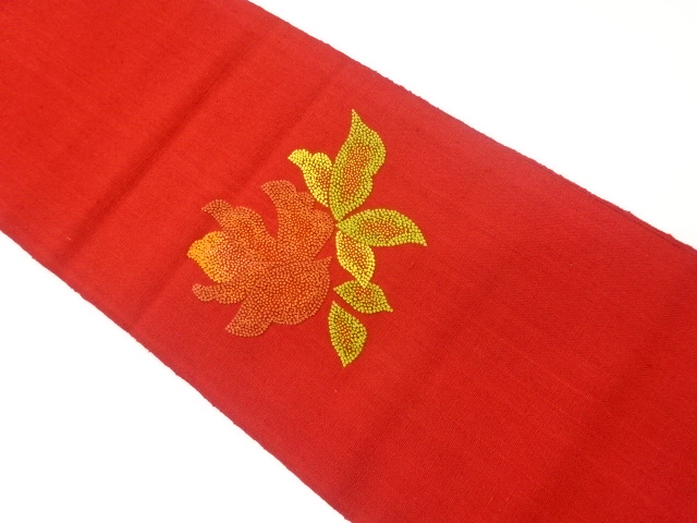 手織り紬相良刺繍花葉模様名古屋帯